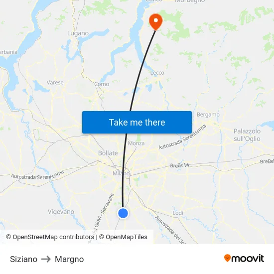 Siziano to Margno map