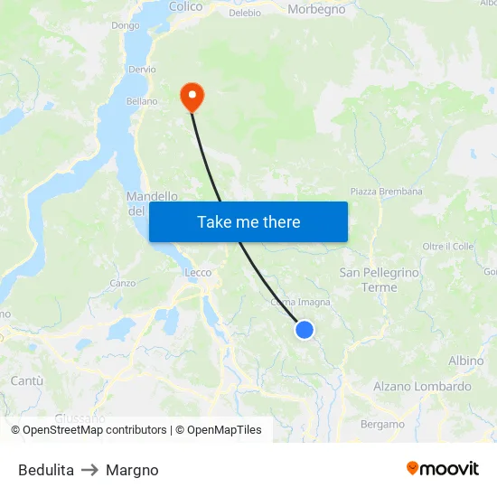 Bedulita to Margno map