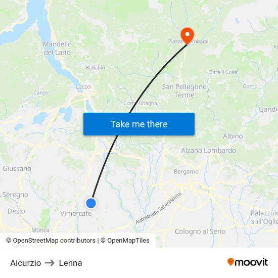 Aicurzio to Lenna map