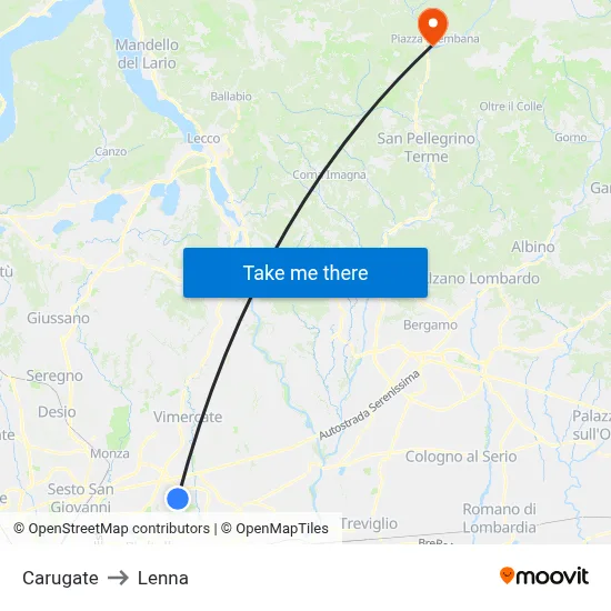 Carugate to Lenna map