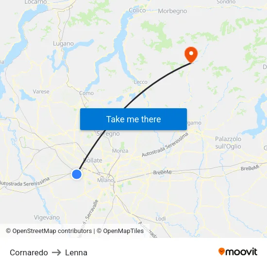 Cornaredo to Lenna map