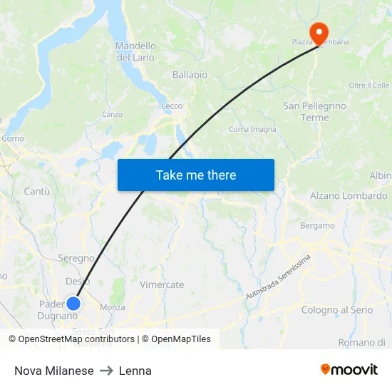 Nova Milanese to Lenna map