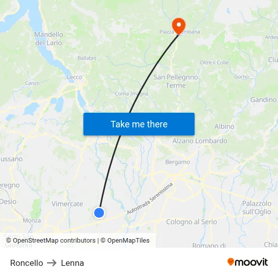 Roncello to Lenna map