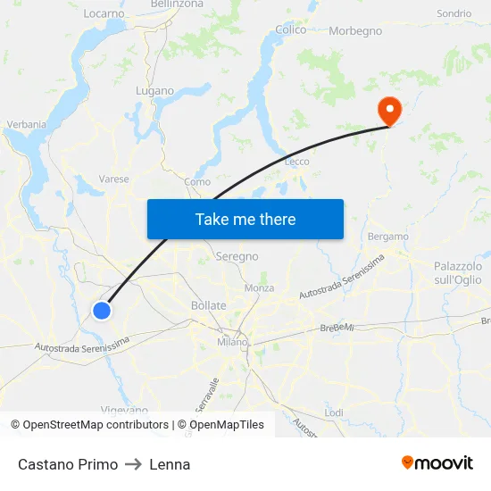 Castano Primo to Lenna map