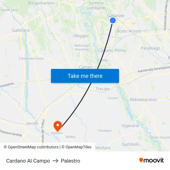 Cardano al Campo to Palestro map