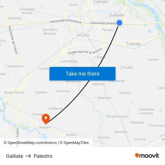 Galliate to Palestro map