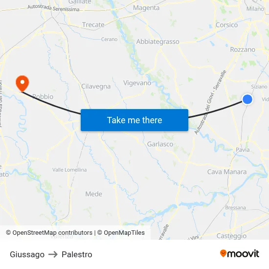 Giussago to Palestro map