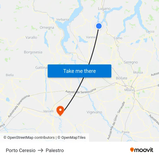 Porto Ceresio to Palestro map