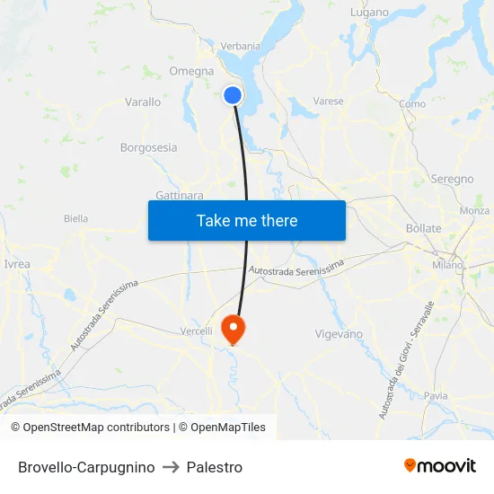 Brovello-Carpugnino to Palestro map