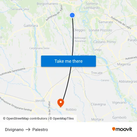 Divignano to Palestro map