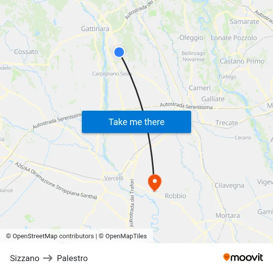 Sizzano to Palestro map