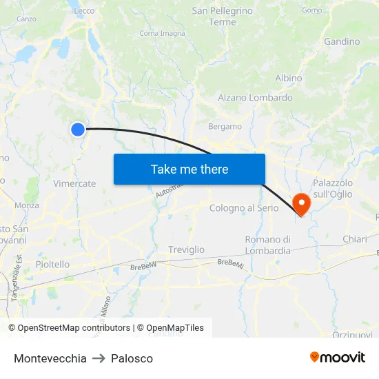 Montevecchia to Palosco map