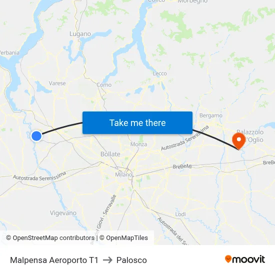 Malpensa Airport T1 to Palosco map