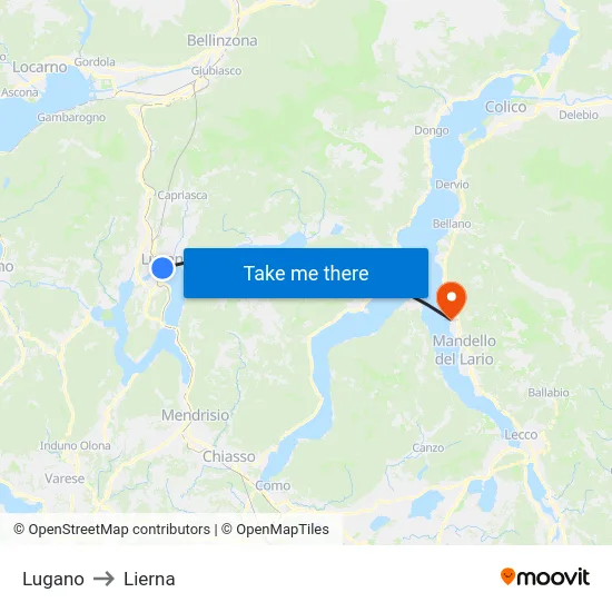Lugano to Lierna map