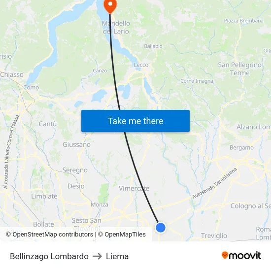 Bellinzago Lombardo to Lierna map