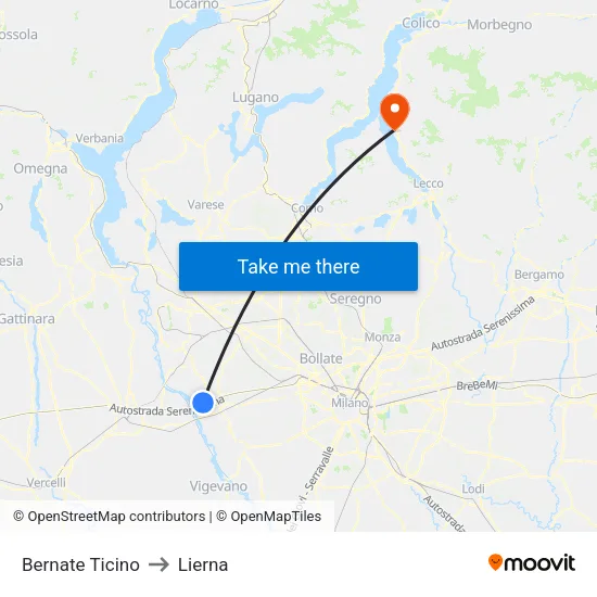 Bernate Ticino to Lierna map