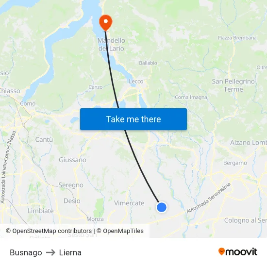 Busnago to Lierna map