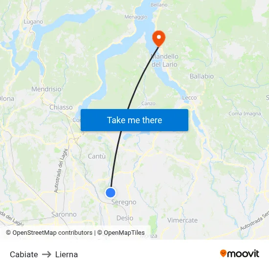 Cabiate to Lierna map