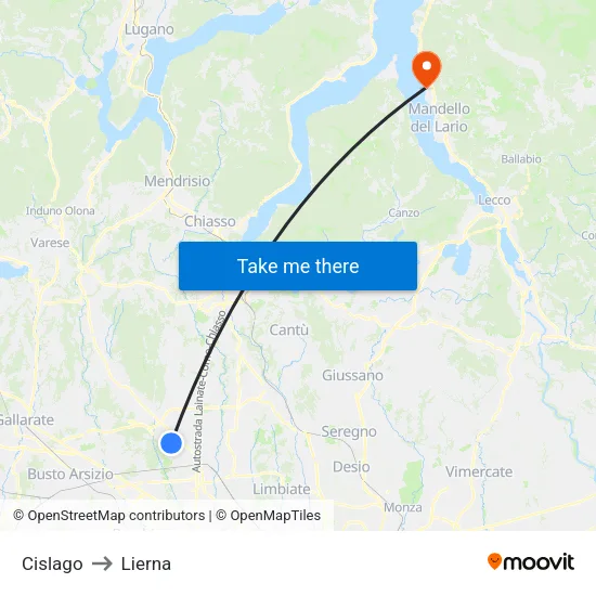 Cislago to Lierna map