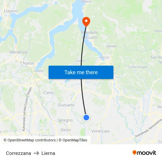 Correzzana to Lierna map