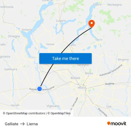 Galliate to Lierna map