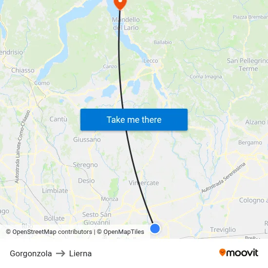 Gorgonzola to Lierna map