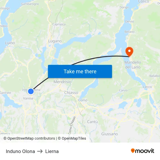 Induno Olona to Lierna map