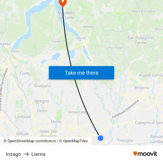 Inzago to Lierna map