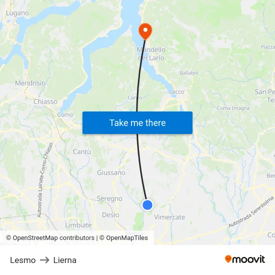 Lesmo to Lierna map