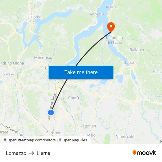 Lomazzo to Lierna map