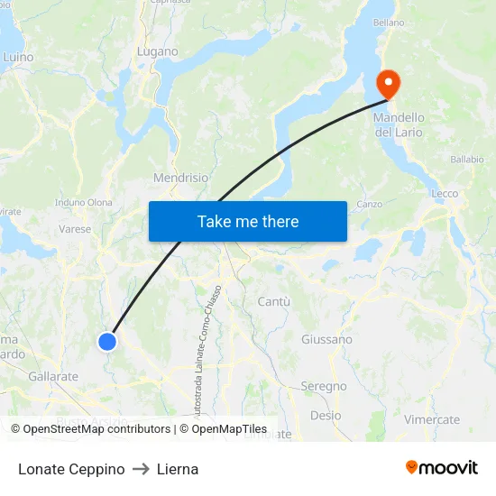 Lonate Ceppino to Lierna map