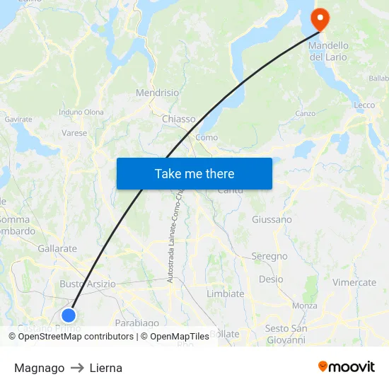 Magnago to Lierna map