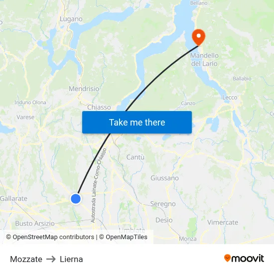 Mozzate to Lierna map
