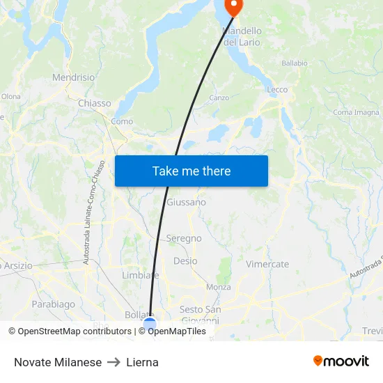 Novate Milanese to Lierna map