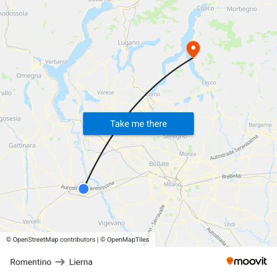 Romentino to Lierna map