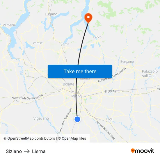 Siziano to Lierna map