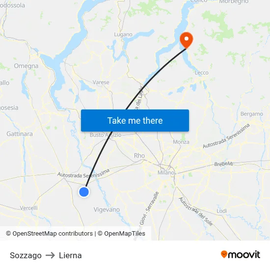 Sozzago to Lierna map