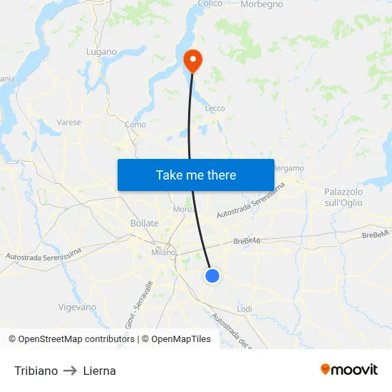 Tribiano to Lierna map