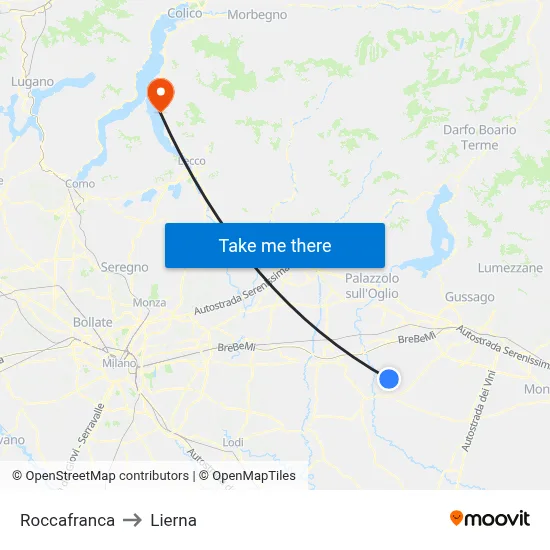 Roccafranca to Lierna map