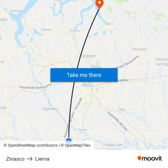 Zinasco to Lierna map