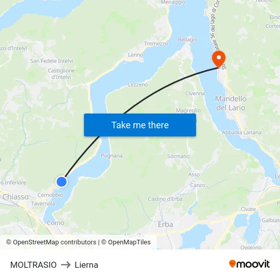 Moltrasio to Lierna map