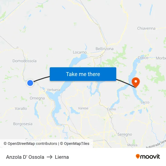 Anzola D' Ossola to Lierna map