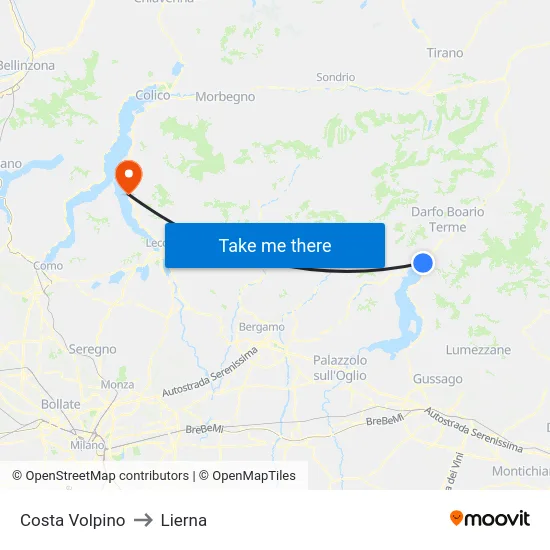 Costa Volpino to Lierna map