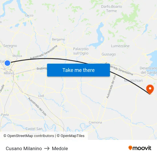 Cusano Milanino to Medole map