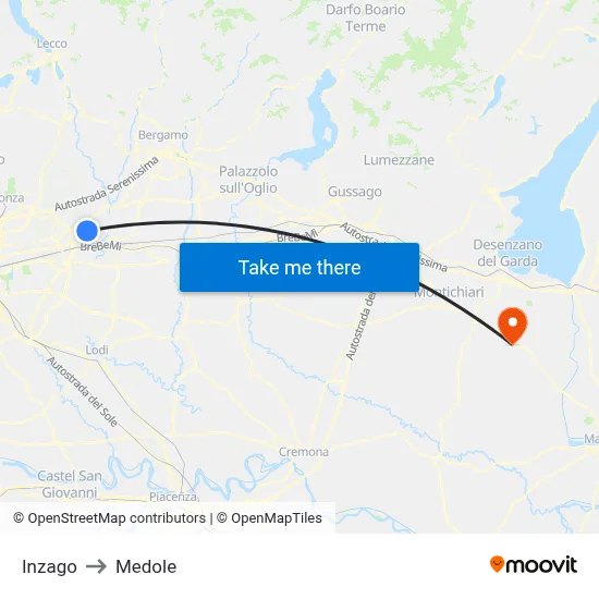 Inzago to Medole map