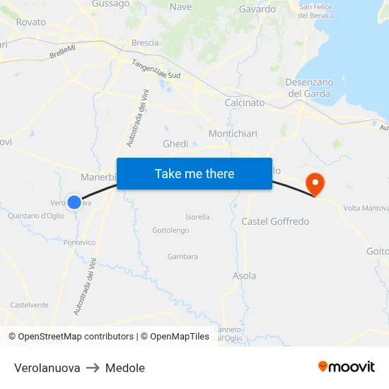 Verolanuova to Medole map