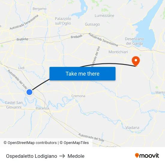 Ospedaletto Lodigiano to Medole map
