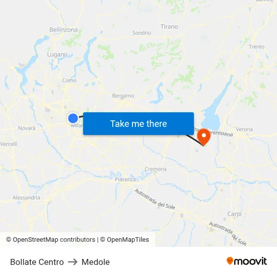 Bollate Centro to Medole map