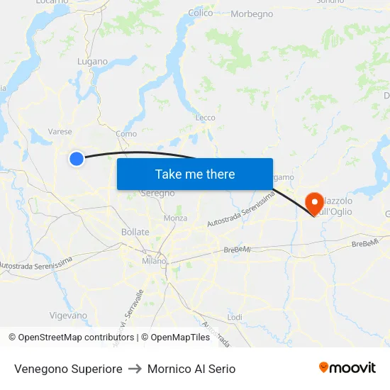 Venegono Superiore to Mornico Al Serio map