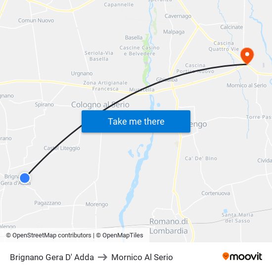 Brignano Gera D' Adda to Mornico Al Serio map